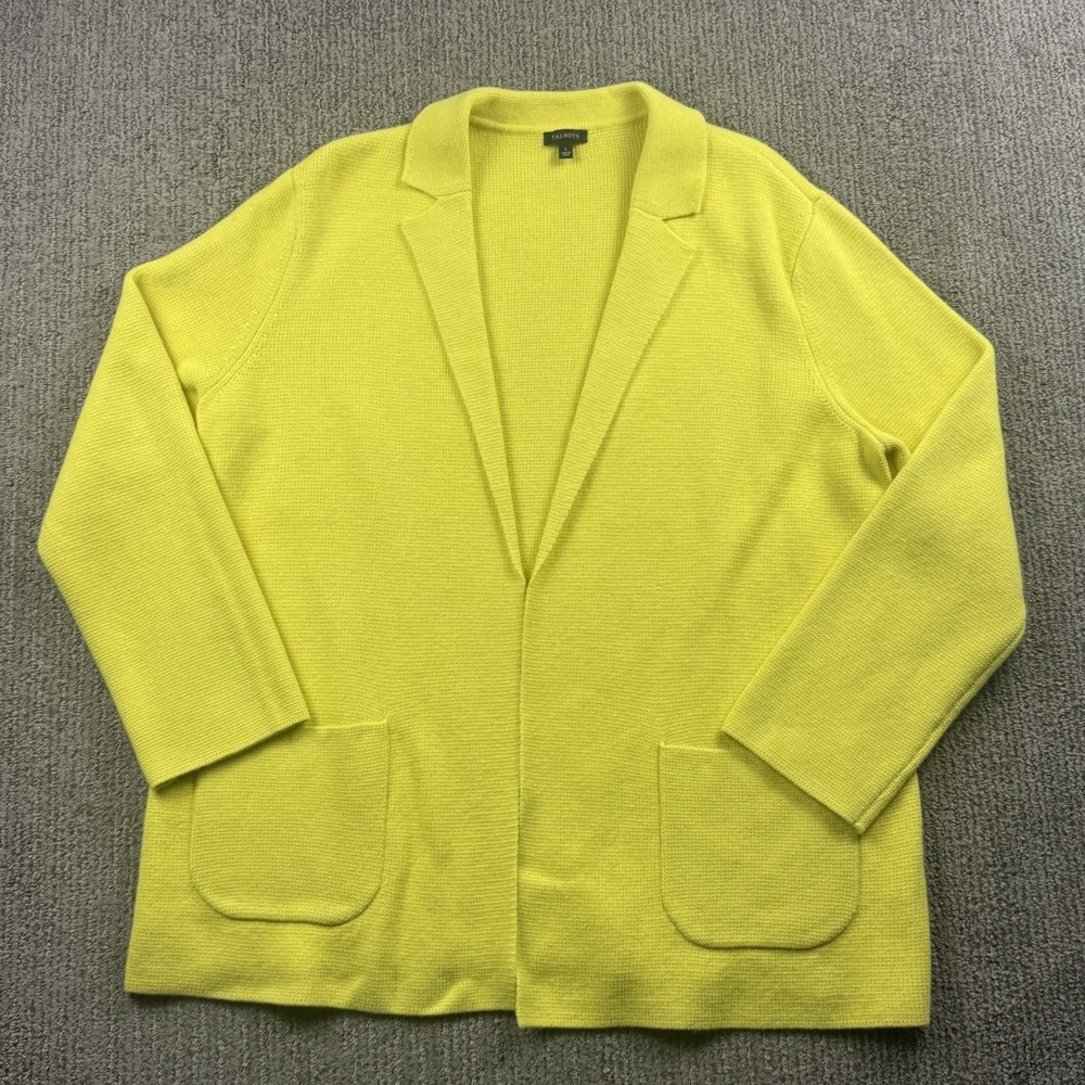 Talbots Womens L Wool Blend Knit Sweater Blazer Jacket Pockets Yellow
